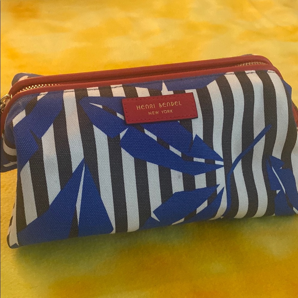 Henri Bendel Blue and Black Striped Cosmetic Bag